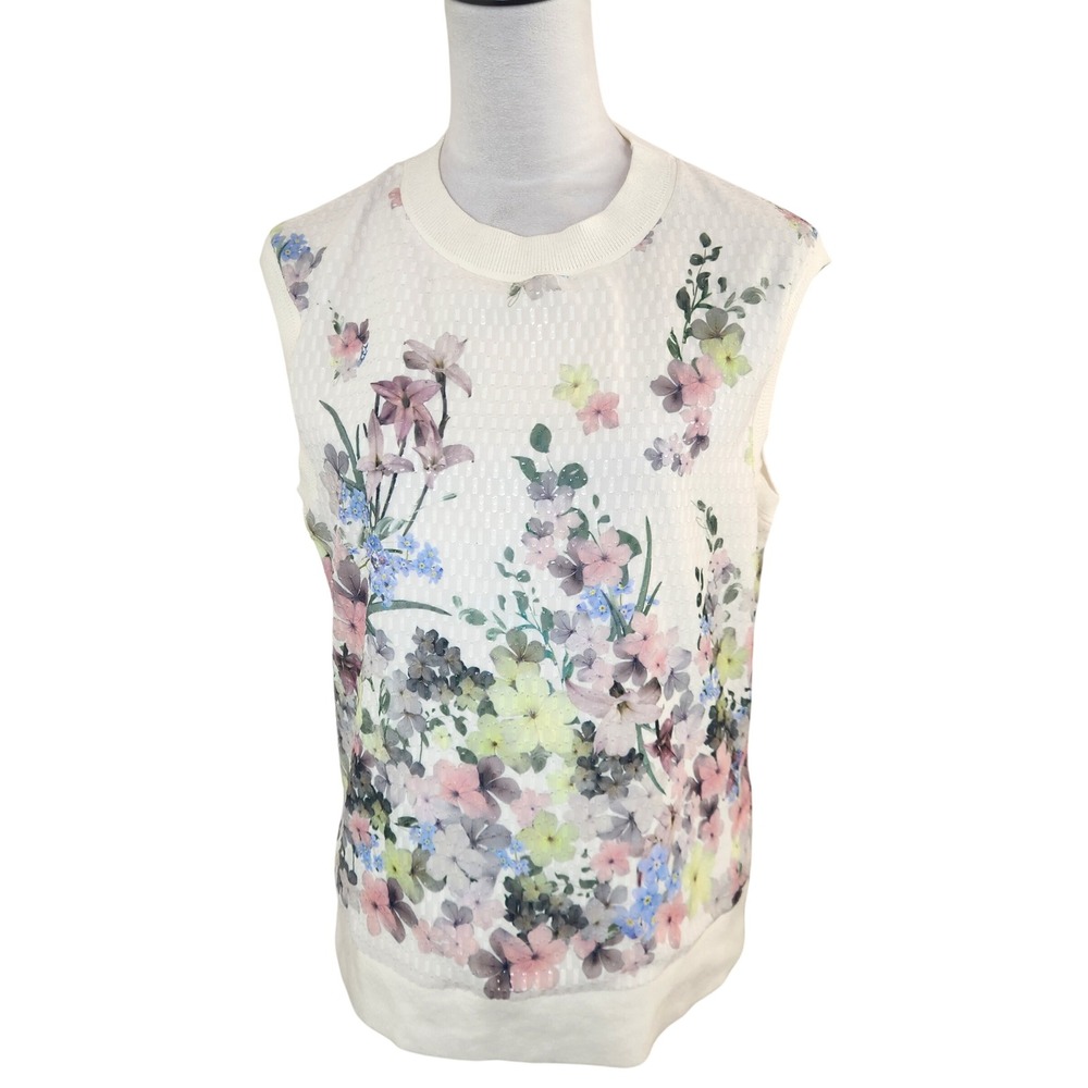 Ted Baker 3 London Womens Miyaa Cream Floral Sleeveless Knit Top Vest M Medium